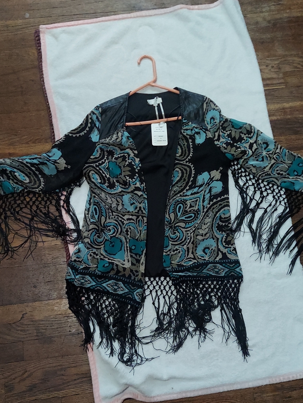 5 for $10 M&M Adore Black Teal Paisley Fringed Open-Front Cardigan